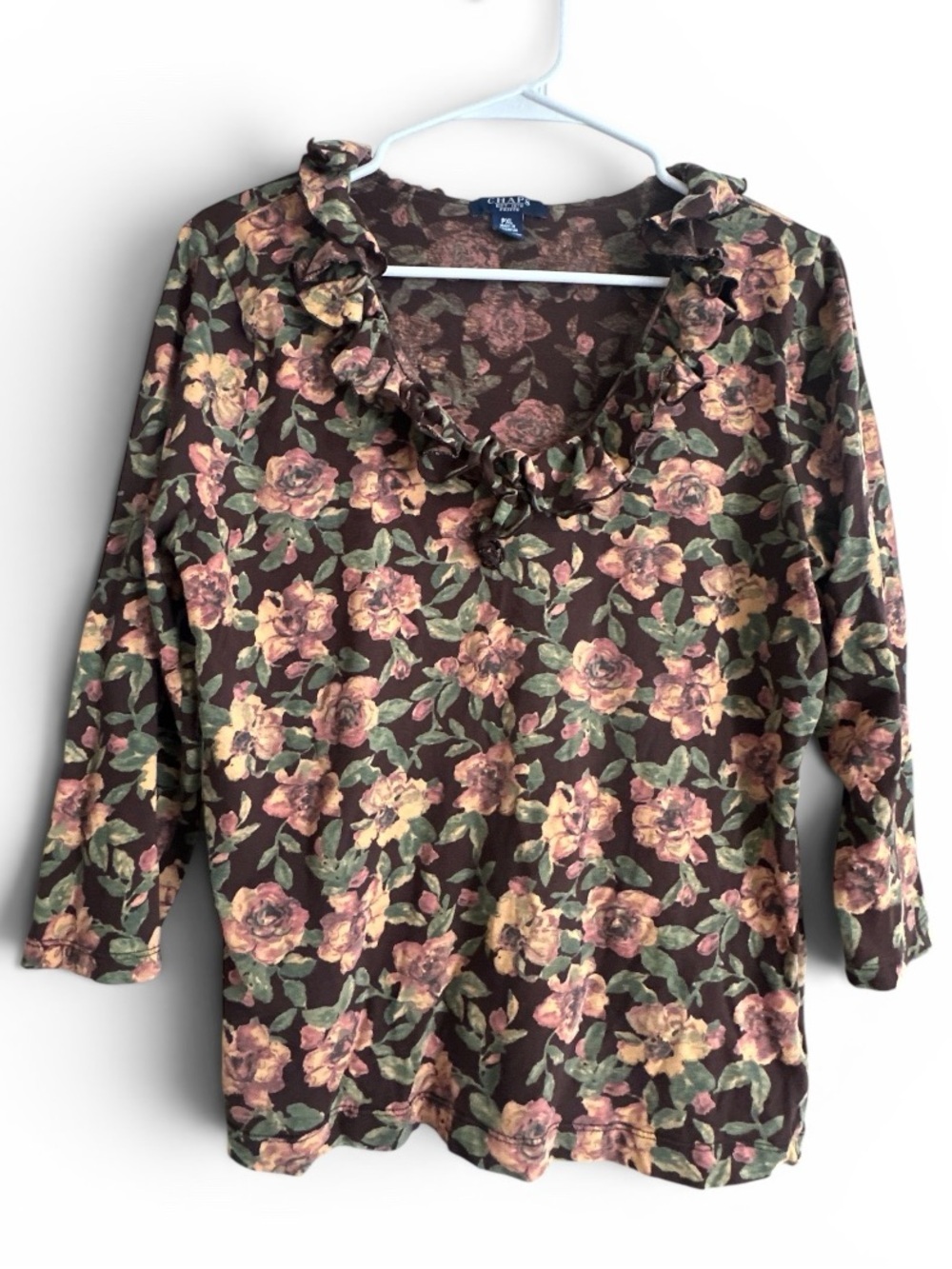 Chaps Womens Long Sleeves Shirt PXL Brown Floral Pullover Ruffle Neck Casual
